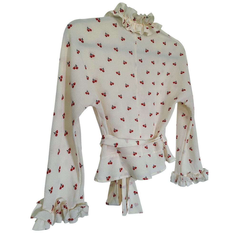 Rouje Paris Frou Frou Cherry Print Wrap Blouse Crepe Ruffle Top Cream Sz 34 US 2 - Picture 6 of 7